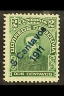 1911 5c On 2c Green SURCHARGE IN BLUE Variety (Scott 95d, SG 127c), Fine Mint, Expertized A.Roig, Very Fresh. For More I - Bolivia