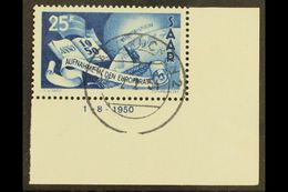 1950 25f Blue Council Of Europe Lower Right Corner Example With '1.8. 1950' Date, Michel 297 Br, Very Fine Cds Used, Fre - Altri & Non Classificati