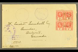 1925 (4 Nov) Registered Cover To Canada, Bearing 1912-24 1d Block Of 4 Cancelled By "Gilbert & Ellice Islands Colony" Cd - Gilbert- Und Ellice-Inseln (...-1979)