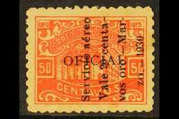 1930 AIR 20c On 50c Vermilion Official Stamp With 4- Line "zo. - 1930" Overprint Reading Upwards, SG 296 (Sanabria 43),  - Honduras