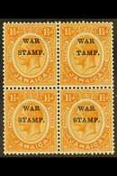 1916 1½d Orange Ovptd "War Stamp",block Of 4, Top R/h Stamp Showing The Variety "S In Stamp Omitted", SG 71/71b, Very Fi - Jamaïque (...-1961)