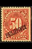 POSTAGE DUE 1899 US Administration "Philippines" Opt'd 50c Lake Postage Due, SG D274, Sc J5, Fine Mint With Right Straig - Filippijnen