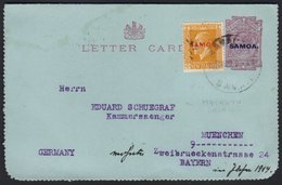 1916 1d Dull Claret  On Blue Letter Card, H&G 1, Uprated With 1918 2d Yellow Sent 1922 (16 March) From Safune Via Mataut - Samoa