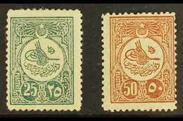 1909 25pi Myrtle Green And 50pi Brown, Perf 12, Tougra Of Sultan Mohamed V, SG 269A/270A, Very Fine And Fresh Mint. (2 S - Andere & Zonder Classificatie