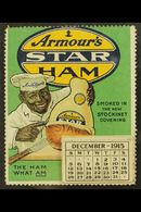 ARMOUR'S STAR HAM LABEL. 1915 Lovely Label Showing An Afro-American Butcher Holding A Ham, With A Small Full Year Tear-o - Other & Unclassified