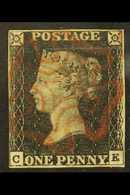 1840 1d Black 'CE' Plate 6, SG 2, Used With 4 Small Margins & Near- Complete Red MC Cancel. Light Scratch Above The Head - Non Classés