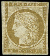 * EMISSION DE 1849 1b   10c. Bistre VERDATRE, Gomme Partielle, Marge Fine En Haut, Sinon TB, Certif. JF Brun - 1849-1850 Cérès