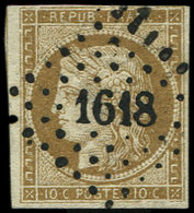 EMISSION DE 1849 1c   10c. Bistre VERDATRE FONCE, Marge Fine En Haut Et Infime Pelurage, Nuance Certifiée Jacquart, R, B - 1849-1850 Ceres