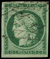 EMISSION DE 1849 2c   15c. Vert TRES FONCE, Obl. GRILLE SANS FIN, TB. Br - 1849-1850 Ceres