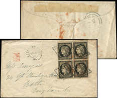 Let EMISSION DE 1849 3    20c. Noir Sur Jaune, BLOC De 4 Obl. GRILLE S. Env., Càd T15 BOULOGNE-S-MER 3/50, Arr. BATH, RR - 1849-1850 Ceres