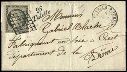 Let EMISSION DE 1849 3c   20c. GRIS NOIR, Obl. GRILLE S. LSC, Càd T15 SUZE-LA-ROUSSE 6/12/50, Cursive 25/TULETTE, TB - 1849-1850 Cérès