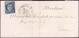 Let EMISSION DE 1849 4    25c. Bleu, Obl. GRILLE S. LSC, Càd T12 NEUF-BRISACH 9/7/50, Arr. COLMAR 9/7, TB - 1849-1850 Ceres