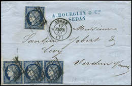 Let EMISSION DE 1849 4a   25c. Bleu Foncé, 4 Ex. (filets Touchés) Obl. GRILLE S. LAC, Càd T15 SEDAN 17/2/50, TRIPLE Port - 1849-1850 Ceres