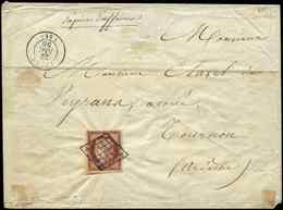 Let EMISSION DE 1849 6     1f. Carmin, Obl. GRILLE S. Env. De Papiers D'affaires, Càd TENCE 22/12/50, TB - 1849-1850 Ceres