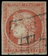 EMISSION DE 1849 7     1f. VERMILLON, Obl. GRILLE, Timbre Authentique Mais Restauré, Très Plaisant D'aspect, Certif. JF - 1849-1850 Ceres