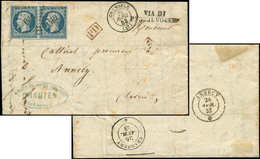 Let PRESIDENCE 10   25c. Bleu, PAIRE Obl. PC 1452 S. LAC, Càd GRENOBLE 25/4/53, Marque VIA DI/PT BEAUVOISIN, Arr. ANNECY - 1852 Louis-Napoleon