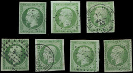 EMPIRE NON DENTELE 12    5c. Vert, 7 Ex., Oblitérations Et Nuances Diverses, Aspect TTB Pour La Plupart - 1853-1860 Napoleon III