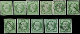 EMPIRE NON DENTELE 12    5c. Vert, 11 Ex. Obl., Nuances Diverses De B à Superbes - 1853-1860 Napoleon III