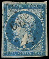 EMPIRE NON DENTELE 14A  20c. Bleu, T I, Variété BOULE SOUS Le COU, Obl. PC, TB, Certif. Calves - 1853-1860 Napoléon III