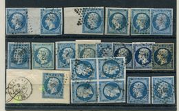 EMPIRE NON DENTELE 14A  20c. Bleu, T I, 21 Nuances Et Oblitérations Diverses, Dont Un Bloc De 4, TB - 1853-1860 Napoleon III