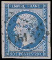 EMPIRE NON DENTELE 14Bb 20c. Bleu Sur Lilas, T II, Obl. PC 1761, TTB. Br - 1853-1860 Napoleon III