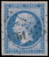 EMPIRE NON DENTELE 14Bb 20c. Bleu Sur Lilas, T II, Obl. PC 1761, TTB. Br - 1853-1860 Napoléon III.