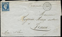 Let EMPIRE NON DENTELE 14A  20c. Bleu, T I, Obl. Los. AAC Sur LAC De Pavie, Càd ARMEE D'ITALIE/Bau C 18/2/(60), TB - 1853-1860 Napoléon III