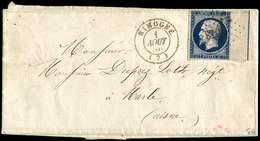 Let EMPIRE NON DENTELE L14Ai 20c. Bleu Noir, Bdf Avec FILET D'ENCADREMENT, Obl. PC 2678 S. LAC, Càd T15 RIMOGNE 1/8/56,  - 1853-1860 Napoléon III.