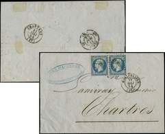 Let EMPIRE NON DENTELE 15   25c. Bleu, PAIRE Obl. PC 2128 S. LSC, Càd T15 MONTPELLIER 11/5/54, Arr. CHARTRES 13/5, TB/TT - 1853-1860 Napoléon III.