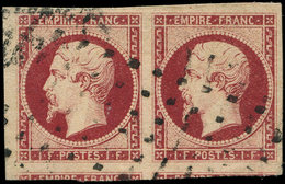 EMPIRE NON DENTELE 18    1f. Carmin, PAIRE Avec Marges énormes, Obl. GROS POINTS, Superbe - 1853-1860 Napoléon III.