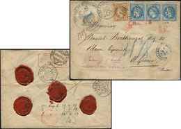 Let EMPIRE LAURE 28A Et 29B, 10c. Bistre T I Et 20c. Bleu T II BANDE De 3, Obl. GC 564 S. Env. CHARGE Du Tribunal, Càd B - 1863-1870 Napoleon III With Laurels