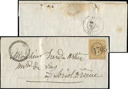 Let EMPIRE LAURE 28B  10c. Bistre, T II, Obl. GC 1705 S. LAC, Càd T16 GRANNE 25/10/70, Arr. LORIOL 24/10, ERREUR De Date - 1863-1870 Napoleon III Gelauwerd