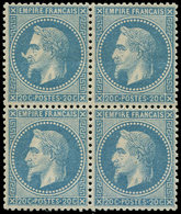 * EMPIRE LAURE 29Bb 20c. Bleu, T II, "A LA CORNE", Dans Un BLOC De 4 Quasiment **, TTB. C - 1863-1870 Napoléon III Con Laureles
