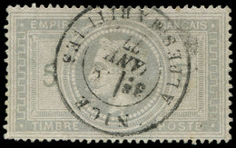 EMPIRE LAURE 33    5f. Violet-gris, Obl. Càd T18 NICE (1)8/1/77, Restauré, Aspect TB - 1863-1870 Napoléon III Lauré