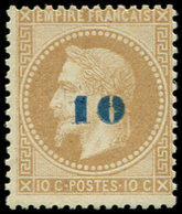 * EMPIRE LAURE 34   10 S. 10c. Bistre, Surcharge Bleue, Ch. Légère, TB - 1863-1870 Napoléon III Lauré