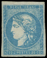 (*) EMISSION DE BORDEAUX 44A  20c. Bleu, T I, R I, Petite Fente Dans La Marge, Sinon TB. Certif. Miro - 1870 Bordeaux Printing