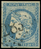EMISSION DE BORDEAUX 44A  20c. Bleu, T I, R I, Obl. GC, TB - 1870 Bordeaux Printing