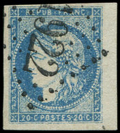 EMISSION DE BORDEAUX 44B  20c. Bleu, T I, R II, Petit Bdf, Obl. GC 1922, Superbe. Br - 1870 Ausgabe Bordeaux