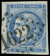 EMISSION DE BORDEAUX 45Cb 20c. OUTREMER, T II, R III, Obl. GC 1622, TB - 1870 Emission De Bordeaux