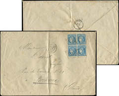 Let EMISSION DE BORDEAUX 45A  20c. Bleu, T II, R I, BLOC De 4 (un Ex. Défx) Obl. GC 3174 S. Grande Env., Càd T17 LA ROCH - 1870 Bordeaux Printing