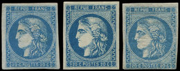 (*) EMISSION DE BORDEAUX 46B  20c. Bleu, T III, R II, 3 Ex. Nuances Diff. G.n.o., TB - 1870 Bordeaux Printing