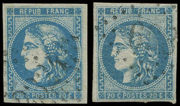 EMISSION DE BORDEAUX 46A/B 20c. Bleu, T III R I Et II, Obl., TB - 1870 Bordeaux Printing