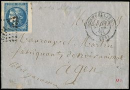 Let EMISSION DE BORDEAUX 46Ab 20c. Bleu Foncé, T III, R I, Grandes Marges, Pos. 10, Obl. GC 2502 S. LAC, Càd T17 MONTPEL - 1870 Ausgabe Bordeaux
