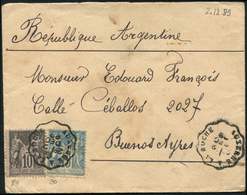 Let TYPE SAGE SUR LETTRES N°89 + 90 Obl. Conv. AUXERRE A LA ROCHE 2/12/89 S. Env. Pour Buenos Ayres, TB - 1877-1920: Semi-Moderne