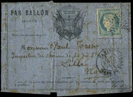 Let BALLONS MONTES N°37 P.d. Obl. Etoile 26 S. FORMULE AUX DRAPEAUX, Càd Gare Du Nord 23/1/71, Arr. LILLE, TB. LE TORRIC - Guerre De 1870