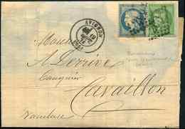 Let AFFRANCHISSEMENTS DE SEPTEMBRE 1871 N°42Bb 5c. Vert émeraude Foncé + N°37 20c. Bleu Obl. GC 260 S. LAC, Càd T17 AVIG - 1849-1876: Classic Period