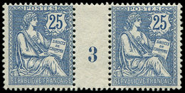 ** EMISSIONS DU XXème SIECLE 127   Mouchon Retouché, 25c. Bleu, PAIRE Mill.3, Un Ex. *, TB, Cote Des Timbres 620 - Unused Stamps