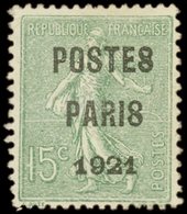 (*) PREOBLITERES 28  15c. Vert Olive, POSTES PARIS 1921, TB. C - 1893-1947