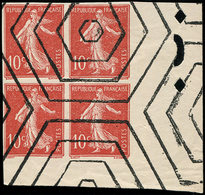 VARIETES 135b  Semeuse Chiffres Maigres, 10c. Rouge, T IIA, BLOC De 4 NON DENTELE Cdf Avec ANNULATION Hexagonale, TB - Neufs