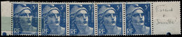 ** VARIETES 719B  Gandon,  5f. Bleu, BANDE De 5 Bdf Avec IMPRESSION Sur RACCORD Et Sonnette, TB - Neufs